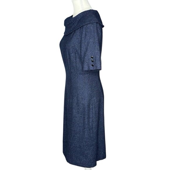 Tahari Women's NWOT Blue Jacquard Shaw Collar Business Career Shift Dress 4/C33 - Picture 2 of 15